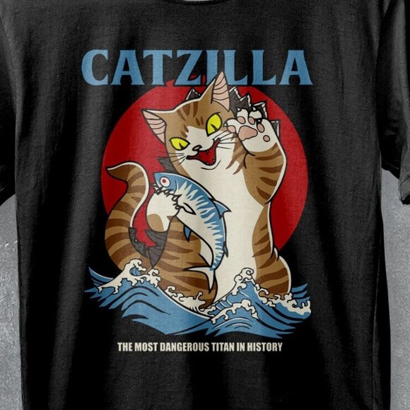 Catzilla Godzilla Japan Cat Lover Funny Parody Graphic Fan Art T-Shirt 165 - Picture 2 of 5